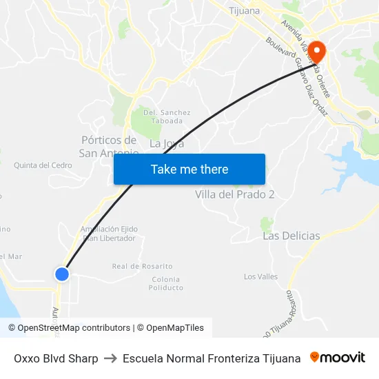 Oxxo Blvd Sharp to Escuela Normal Fronteriza Tijuana map