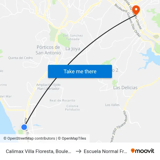 Calimax Villa Floresta, Boulevard Benito Juárez, 767 to Escuela Normal Fronteriza Tijuana map