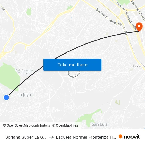 Soriana Súper La Gloria to Escuela Normal Fronteriza Tijuana map
