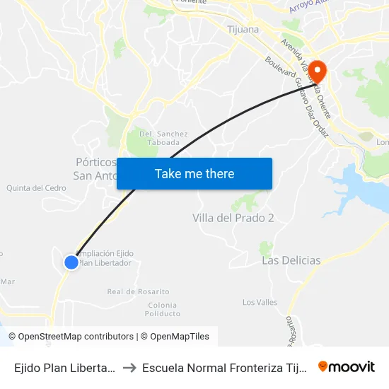 Ejido Plan Libertador to Escuela Normal Fronteriza Tijuana map