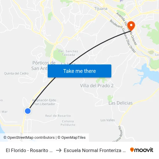 El Florido - Rosarito Norte to Escuela Normal Fronteriza Tijuana map