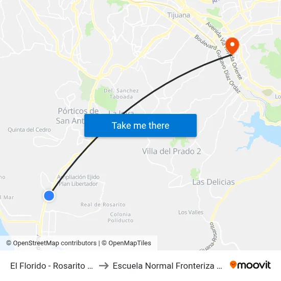El Florido - Rosarito Norte to Escuela Normal Fronteriza Tijuana map