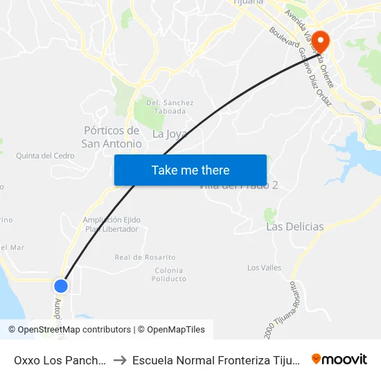 Oxxo Los Panchos to Escuela Normal Fronteriza Tijuana map