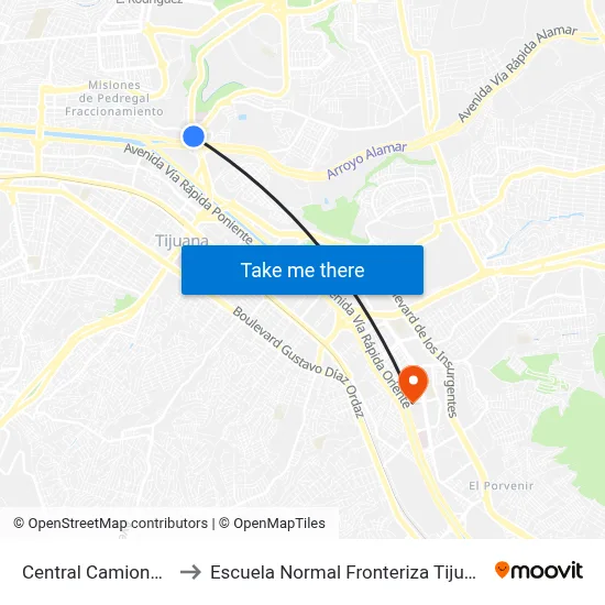 Central Camionera to Escuela Normal Fronteriza Tijuana map