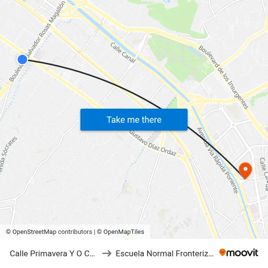Calle Primavera Y O Calle 1a, 4 to Escuela Normal Fronteriza Tijuana map