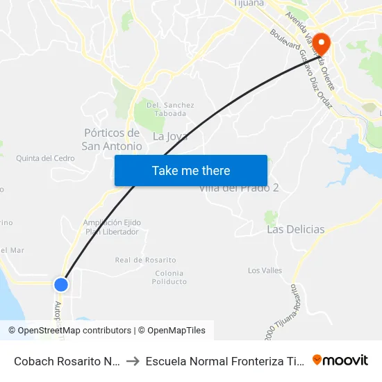 Cobach Rosarito Norte to Escuela Normal Fronteriza Tijuana map
