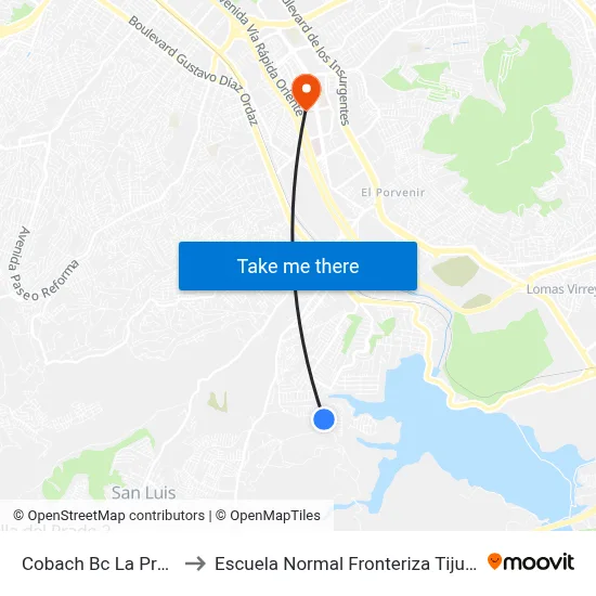 Cobach Bc La Presa to Escuela Normal Fronteriza Tijuana map