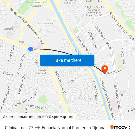 Clínica Imss 27 to Escuela Normal Fronteriza Tijuana map