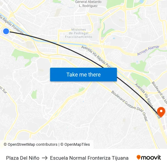 Plaza Del Niño to Escuela Normal Fronteriza Tijuana map