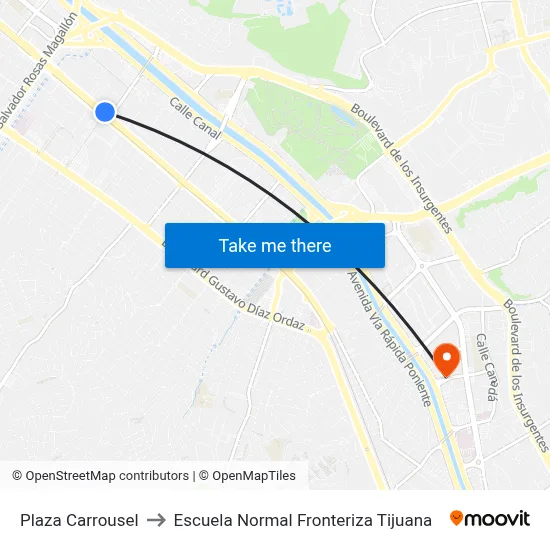 Plaza Carrousel to Escuela Normal Fronteriza Tijuana map