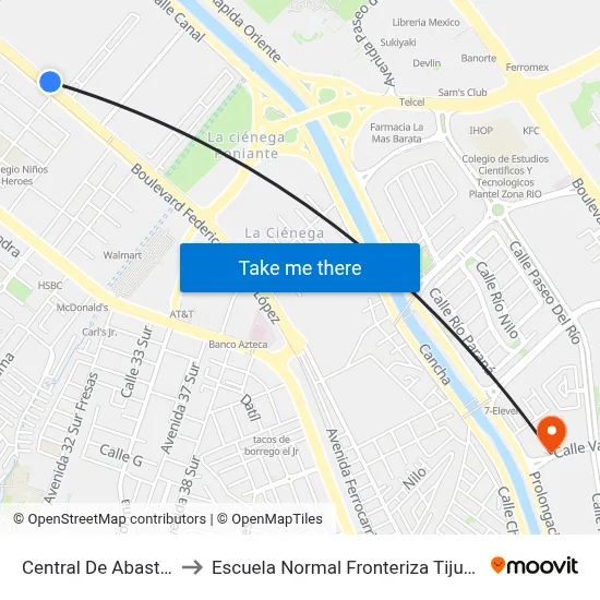 Central De Abastos to Escuela Normal Fronteriza Tijuana map