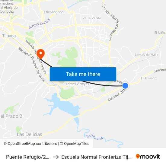 Puente Refugio/2000 to Escuela Normal Fronteriza Tijuana map