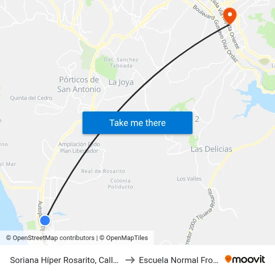 Soriana Híper Rosarito, Calle José Haros, 1409 to Escuela Normal Fronteriza Tijuana map