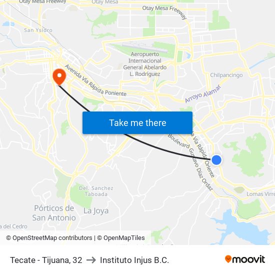 Tecate - Tijuana, 32 to Instituto Injus B.C. map