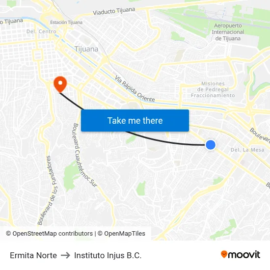 Ermita Norte to Instituto Injus B.C. map