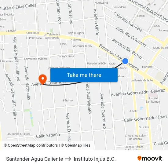 Santander Agua Caliente to Instituto Injus B.C. map