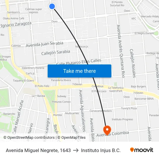 Avenida Miguel Negrete, 1643 to Instituto Injus B.C. map