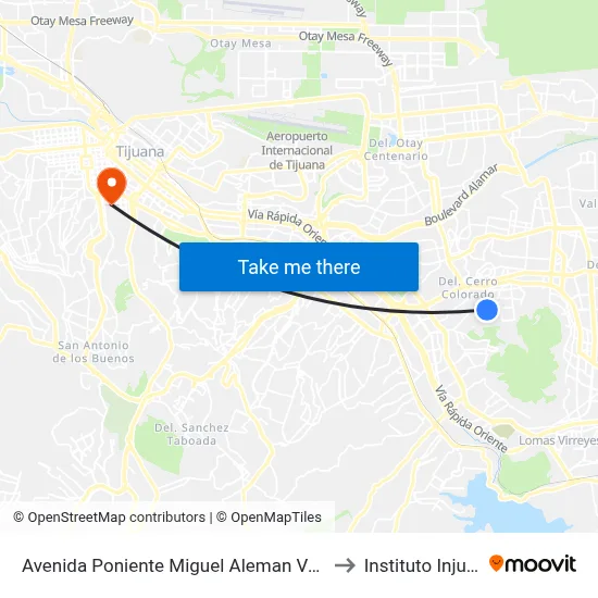 Avenida Poniente Miguel Aleman Valdes, 21454 to Instituto Injus B.C. map