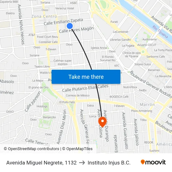 Avenida Miguel Negrete, 1132 to Instituto Injus B.C. map