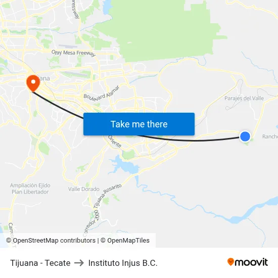 Tijuana - Tecate to Instituto Injus B.C. map