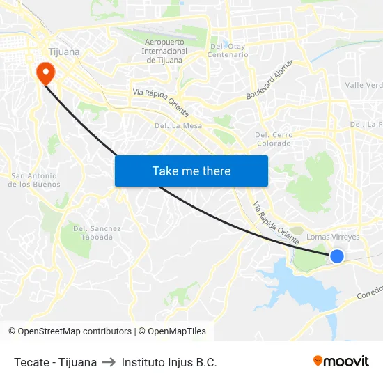 Tecate - Tijuana to Instituto Injus B.C. map