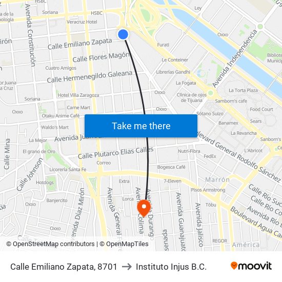 Calle Emiliano Zapata, 8701 to Instituto Injus B.C. map