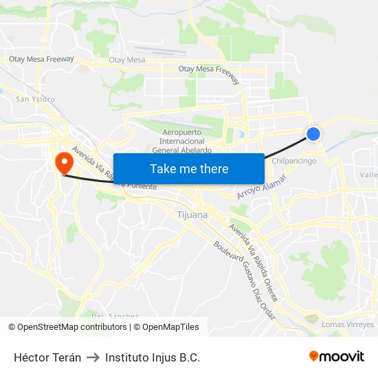 Héctor Terán to Instituto Injus B.C. map