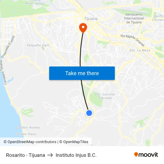 Rosarito - Tijuana to Instituto Injus B.C. map