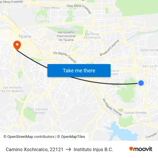 Camino Xochicalco, 22121 to Instituto Injus B.C. map