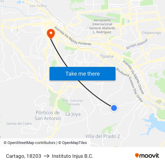 Cartago, 18203 to Instituto Injus B.C. map