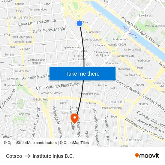 Cotsco to Instituto Injus B.C. map