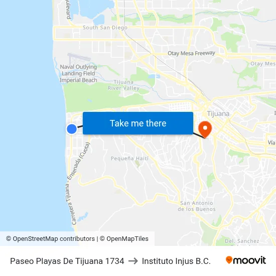 Paseo Playas De Tijuana 1734 to Instituto Injus B.C. map