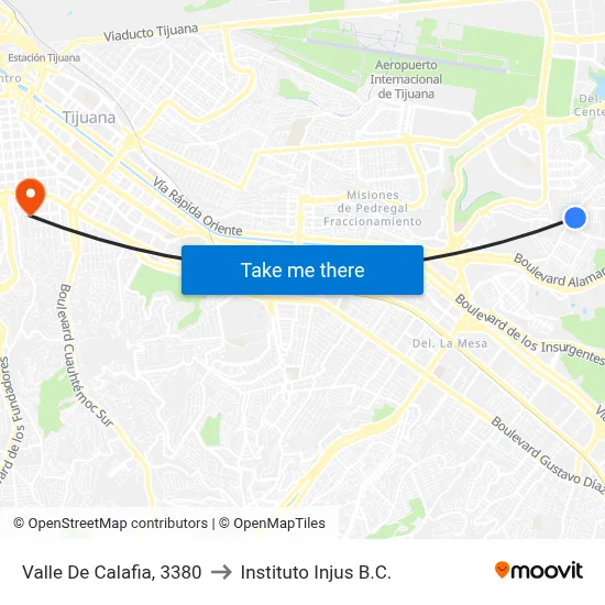 Valle De Calafia, 3380 to Instituto Injus B.C. map