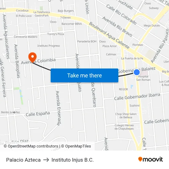 Palacio Azteca to Instituto Injus B.C. map