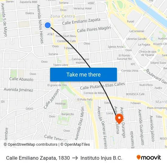 Calle Emiliano Zapata, 1830 to Instituto Injus B.C. map