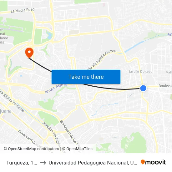 Turqueza, 19908_3 to Universidad Pedagogica Nacional, Unidad 022 Tijuana map