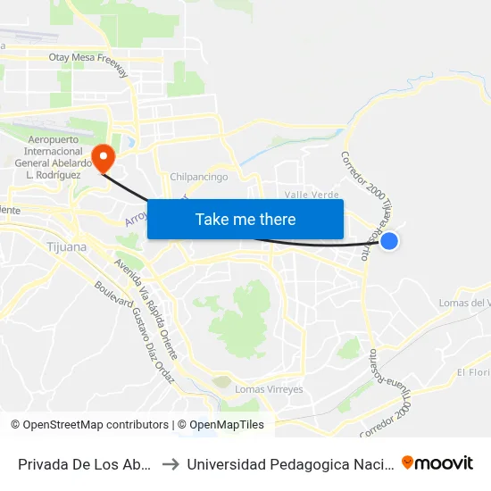Privada De Los Abedules, 25165_25 to Universidad Pedagogica Nacional, Unidad 022 Tijuana map