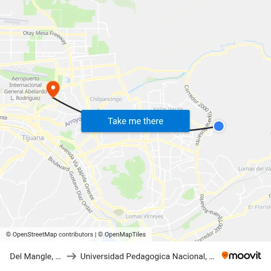 Del Mangle, 25306_1 to Universidad Pedagogica Nacional, Unidad 022 Tijuana map