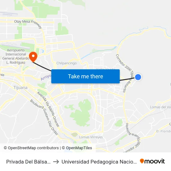 Privada Del Bálsamo, 25336_32 to Universidad Pedagogica Nacional, Unidad 022 Tijuana map