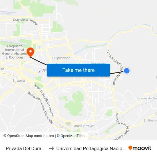 Privada Del Duraznillo, 25346_1 to Universidad Pedagogica Nacional, Unidad 022 Tijuana map