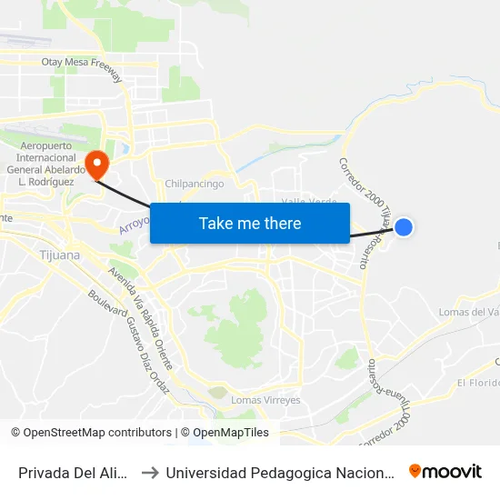 Privada Del Aliso, 25326_9 to Universidad Pedagogica Nacional, Unidad 022 Tijuana map
