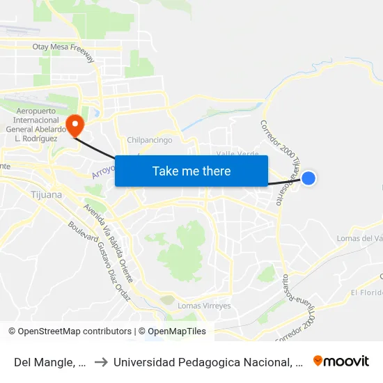 Del Mangle, 25306_1 to Universidad Pedagogica Nacional, Unidad 022 Tijuana map
