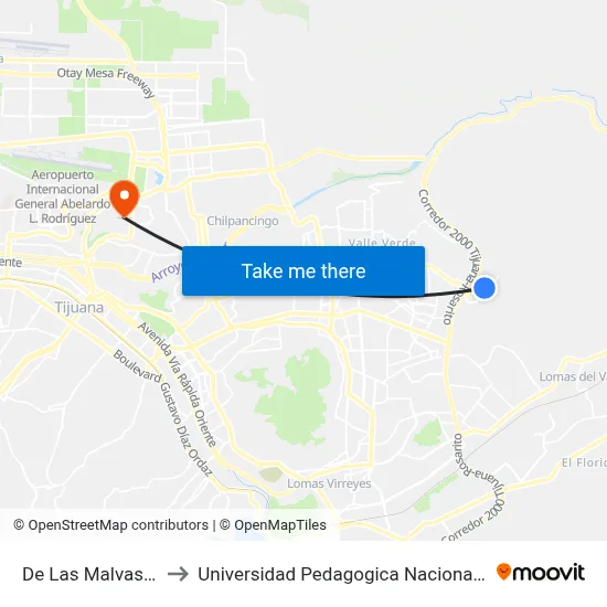 De Las Malvas, 25226_44 to Universidad Pedagogica Nacional, Unidad 022 Tijuana map