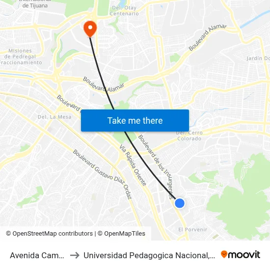 Avenida Campos, 34_B to Universidad Pedagogica Nacional, Unidad 022 Tijuana map