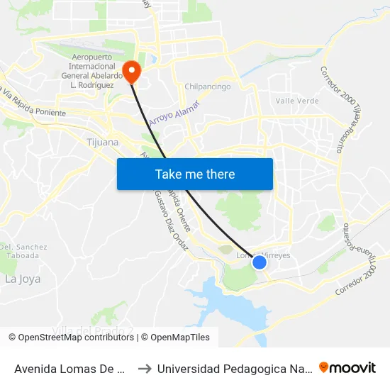 Avenida Lomas De Virreyes Sur, 11217_B to Universidad Pedagogica Nacional, Unidad 022 Tijuana map