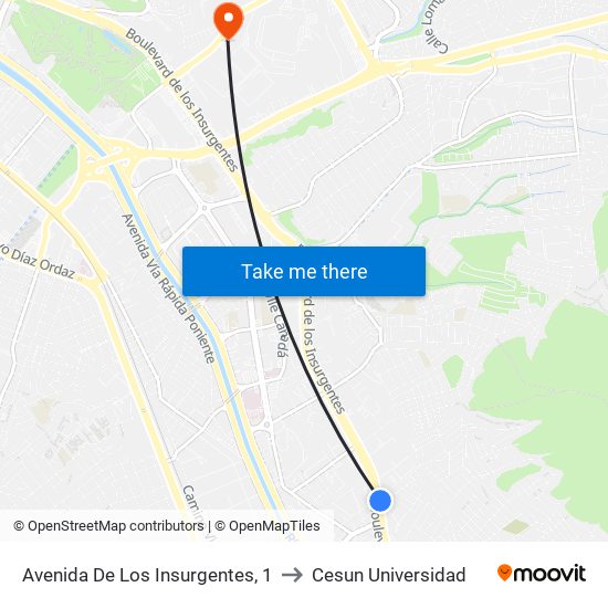 Avenida De Los Insurgentes, 1 to Cesun Universidad map