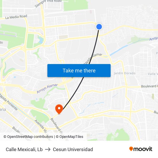 Calle Mexicali, Lb to Cesun Universidad map