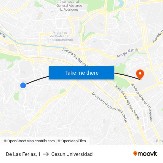 De Las Ferias, 1 to Cesun Universidad map