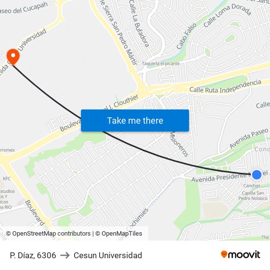 P. Díaz, 6306 to Cesun Universidad map