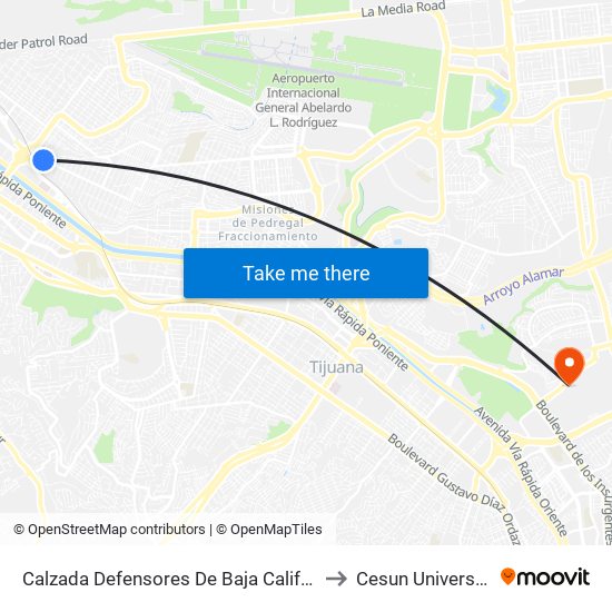 Calzada Defensores De Baja California, 2 to Cesun Universidad map